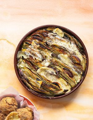 Tian de pommes de terre, courgettes, oignon et morbier
