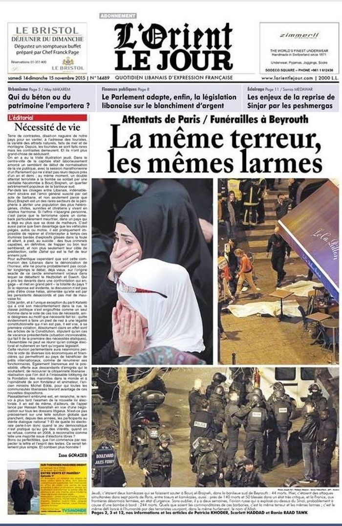 « L’Orient Le Jour » (Liban) - Attaques à Paris : les unes de la presse