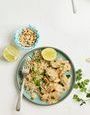 Émincé de poulet, sauce coco-cacahuètes, citron vert, coriandre et riz