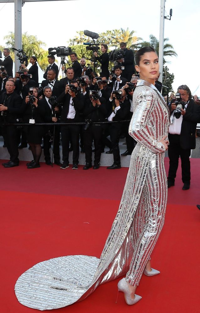 Sara Sampaio in a long silver jumpsuit at the 2019 Cannes Film Festival