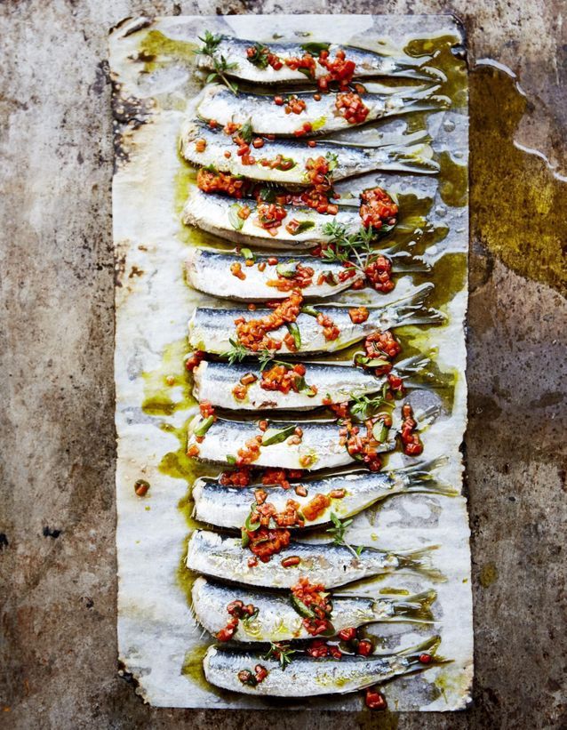 Sardines à la plancha, huile d’olive à la marjolaine