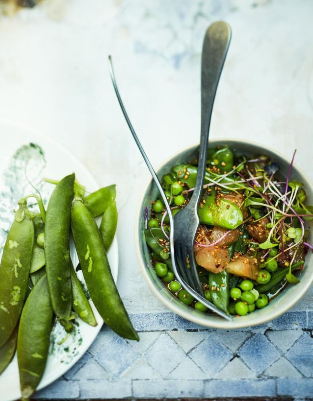 Salade de petits pois, pois gourmands, pamplemousse