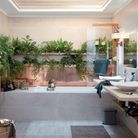Une gouttière remplie de plantes dans la salle de bains
